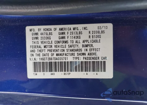 2013 Honda Accord Ex-L V-6 from USA, damaged, VIN 1HGCT2B87DA005751